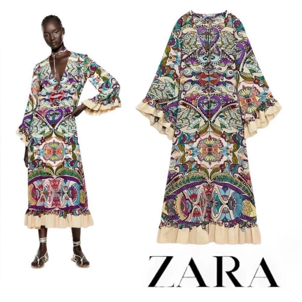 NWOT Zara ethnic tribal print midi flowy dress/Fall season dress size XS - Picture 3 of 14